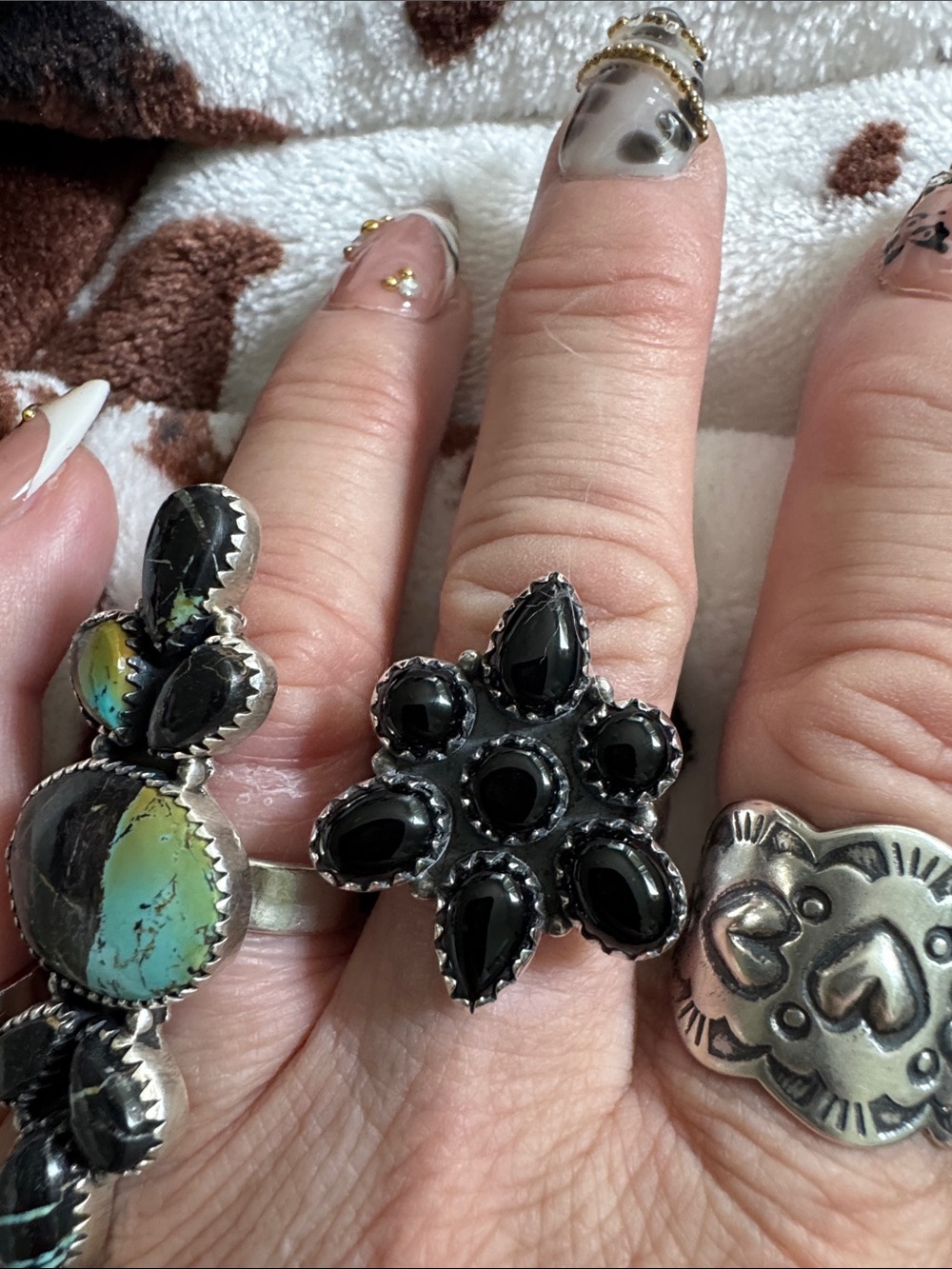 Sterling Silver Black Onyx Floral Cluster Ring - Black